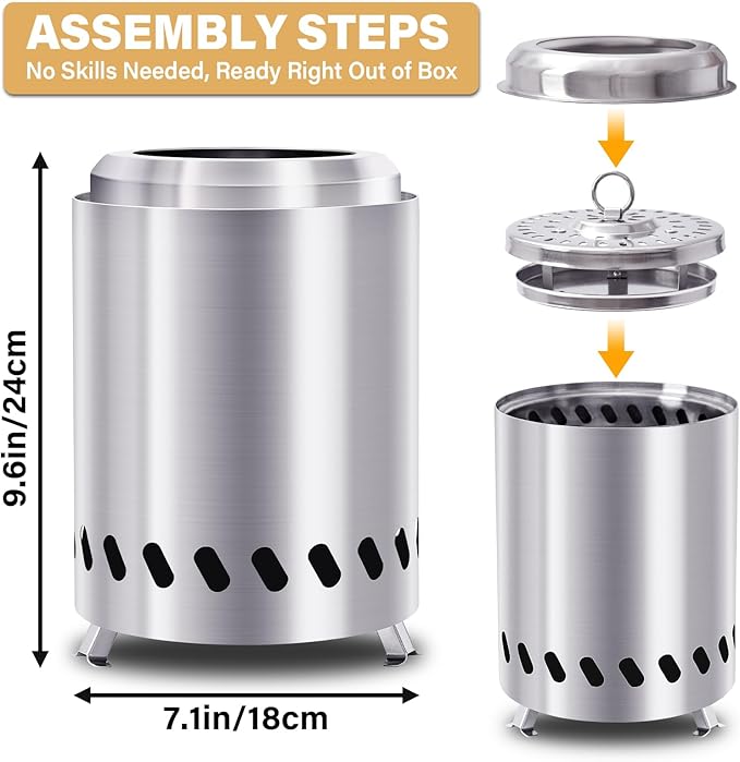 HGD 9.6 x 7.1 in Small Tabletop Fire Pit, Portable Mini Smokeless Table Top Firepit, Low Smoke Camping Stove for Outdoor & Patio, Fueled by Pellets or Wood, with Travel Bag, Stainless Steel, Silver