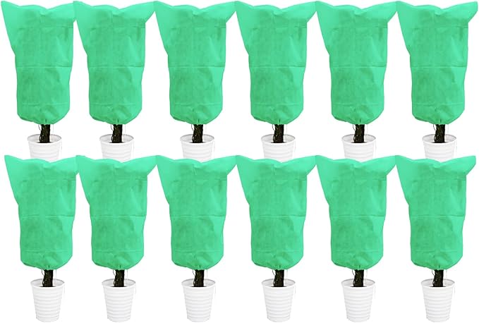 EAONE 12 Pack Plant Covers Freeze Protection, 24x32'' Winter Frosts Cloth for Outdoor Plants, Reusable Frost Blankets Drawstring Bags for Cold Freeze Sun Protection Bird Insect Prevention,Green