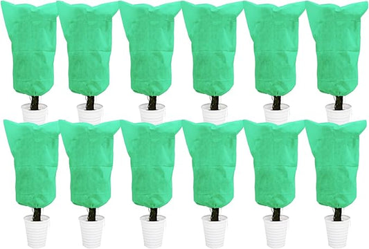 EAONE 12 Pack Plant Covers Freeze Protection, 24x32'' Winter Frosts Cloth for Outdoor Plants, Reusable Frost Blankets Drawstring Bags for Cold Freeze Sun Protection Bird Insect Prevention,Green