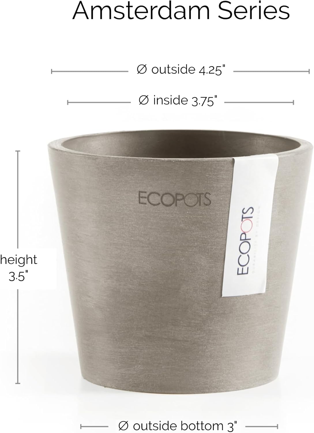 Ecopots Amsterdam Mini Durable Modern Round Recycled-Based Composite Flower Pot Planter, Taupe, 4"