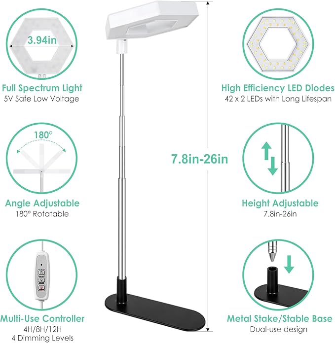 FOXGARDEN Plant Light, 84LEDs Grow Light for Indoor Plants, Full Spectrum Desk Growing Lamp with Detachable Base, Height Adjustable 7.8"-26" with Auto Timer 4H/8H/12H, 4 Dimmable Brightness, 2 Pack