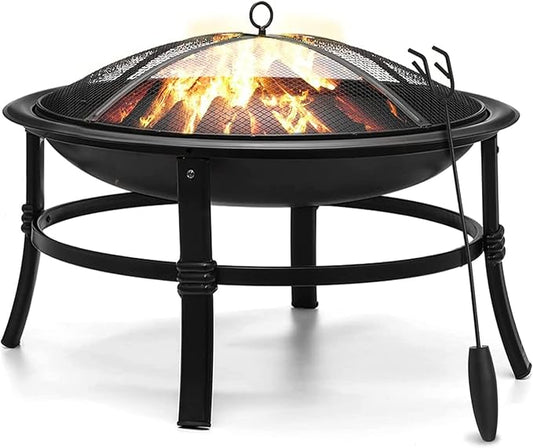 SINGLYFIRE 26 Inch Fire Pit for Outside Outdoor Wood Burning Firepit Bowl Heavy Duty Bonfire Pit Steel Firepit for Patio Backyard Camping Deck Picnic Porch with Spark Screen,Log Grate,Poker
