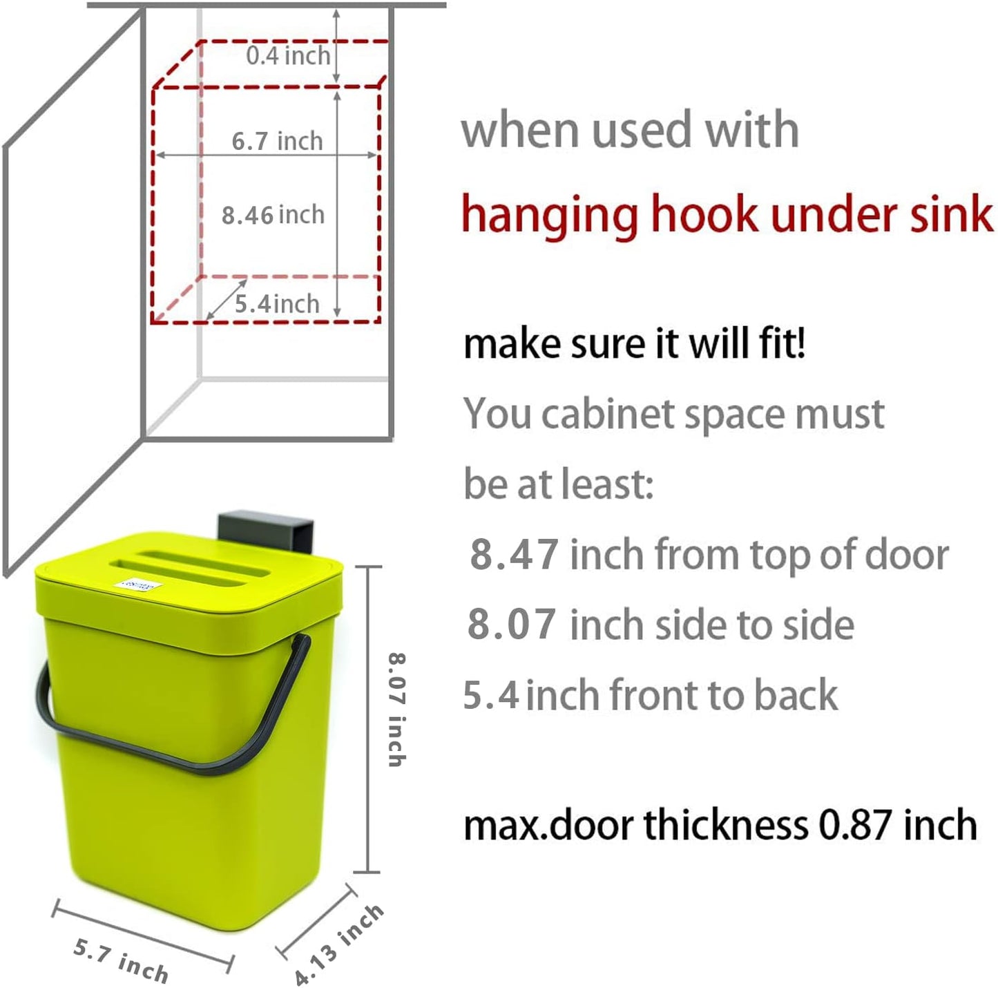 Food Waste Basket Bin for Kitchen, Odor-Free Food Scrap Container,Small Countertop Compost Bin with Lid, Mini Garbage Can Wall Mounted Trash Can, 3L/0.8 Gal Series, Green