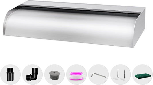 Pool Fountain Waterfall Spillway with Wider Water Flow Platform, Stainless Steel Waterfall with Pipe Connector Kits, Water Feature Spillway for Garden Decor, Patio, Ponds, 23."x11.8"x3.9"