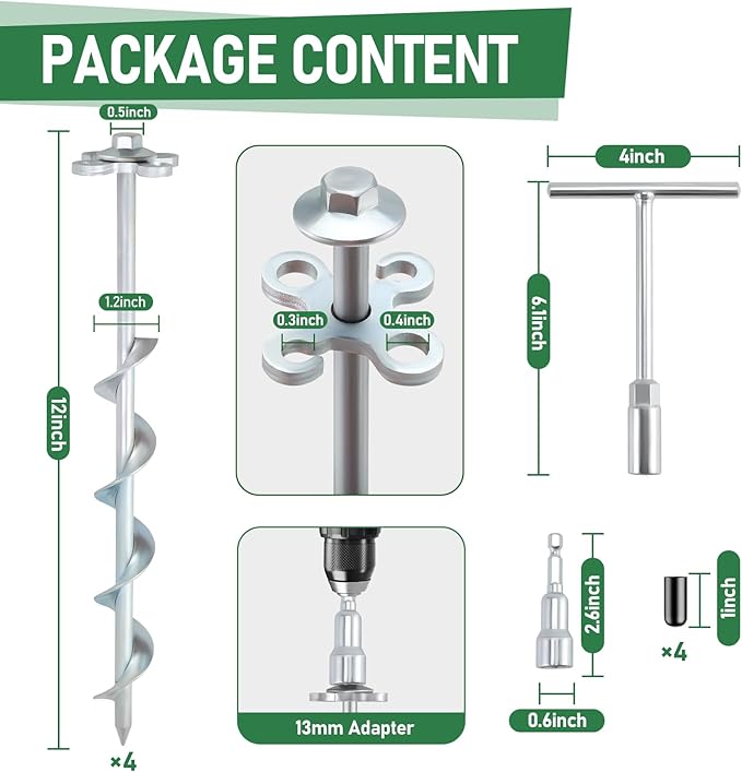 Ground Anchors Screw in – 4 Pack Spiral Tent Stakes heavy duty with Drill Socket & T-Handle, 12 Inch Trampoline Anchor with Hook & Ring Design for Tents, Sheds, Canopies, Swing Sets, Gazebo(4)