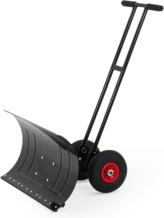 GarveeHome Snow Shovel Pusher for Driveway, Large 29" W Snow Shovel Pusher with Wheels, Ergonomic Snow Pusher Shovel with Snow Removal Adjustable Angle & Height Handle for Sidewalk, Double Rod