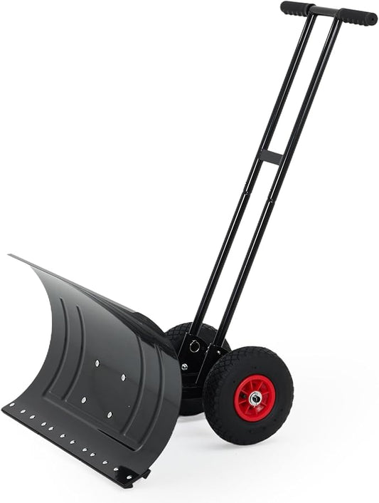 GarveeHome Large 39" W Snow Shovel Pusher for Driveway, Metal Snow Pusher with Wheels, Ergonomic Snow Pusher Shovel with Snow Removal Adjustable Angle & Height Handle for Sidewalk, Double Rod