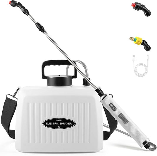 Electric Sprayer, Battery Powered Sprayer 8L/2 Gallon, with 3-Adjustable Nozzles, Retractable Wand, Rechargeable Handle & Adjustable Shoulder Strap, Suitable for Garden, Lawn & Cleaning.
