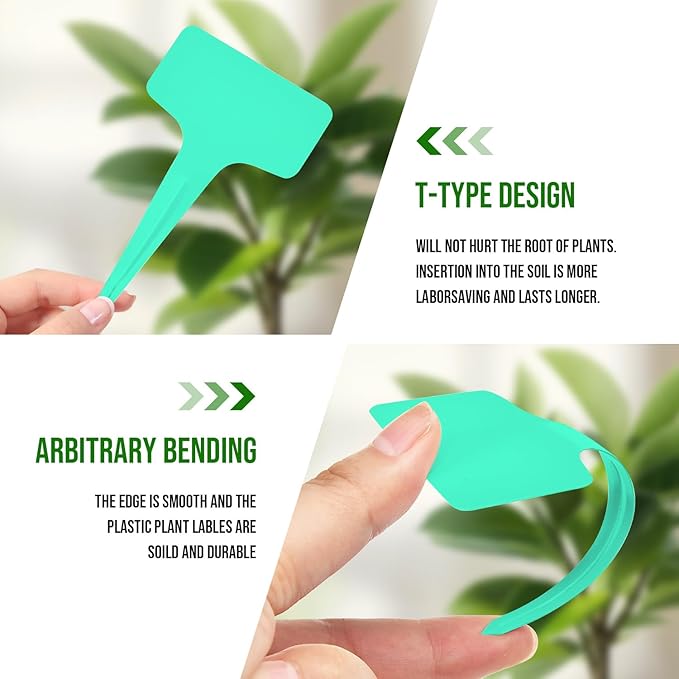 Plant Labels 200 Pcs Yuanling T-Type Plastic Garden Tags Waterproof Plant Sign Stakes Nursery Garden Makers for Seedlings Flower Vegetables Herb Potted Belt Permanet Marker Pen (Teal)