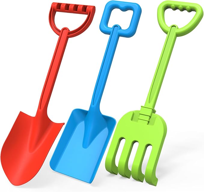 Jumbo Beach Shovels Rake Spade Toys Set for Kids, 16" Long Handle ABS Plastic Sand Scoop, 3 Pack Planting Summer Winter Travel Gift for Mud Sand Snow Digging, Backyard Gardening Tool Accessories
