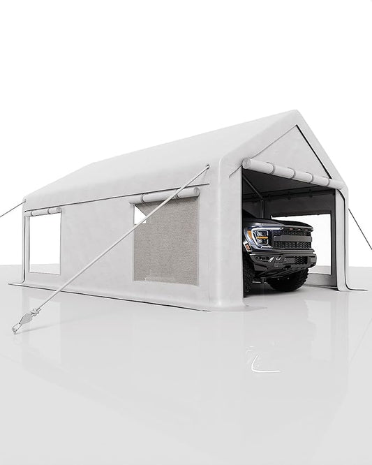 10X20 Ft Carport, Heavy Duty Portable Garage with Roll-Up Doors & 4 Windows,200g PE Tarp Waterproof & UV Protected,All-Weather Design,for Car, Boat, Truck, Motorcycle, ATVs, and SUV