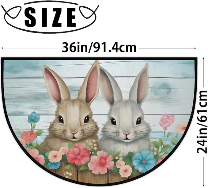 Easter Half Round Door Mat - Rabbit Spring Flower Semicircle Doormat, Non Slip Area Rug, Soft for Front Door, Indoor Entrance, Wear Resistant Welcome Mat for Garage, Patio, Home Decor - 24 x 36 In