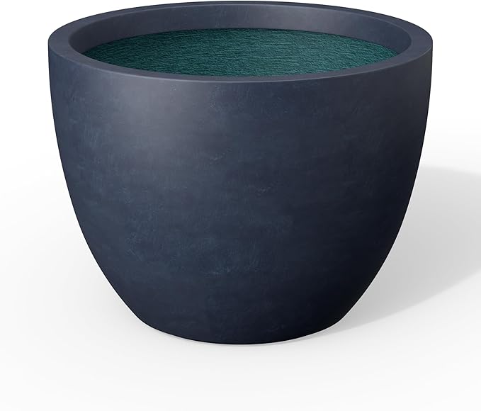 Kante 17.3 Inch Round Concrete Planter - Classic Large Indoor/Outdoor Plant Pot with Drainage Hole and Rubber Plug, Suitable for Gardens and Patios, Charcoal Finish with Forest Green Interior