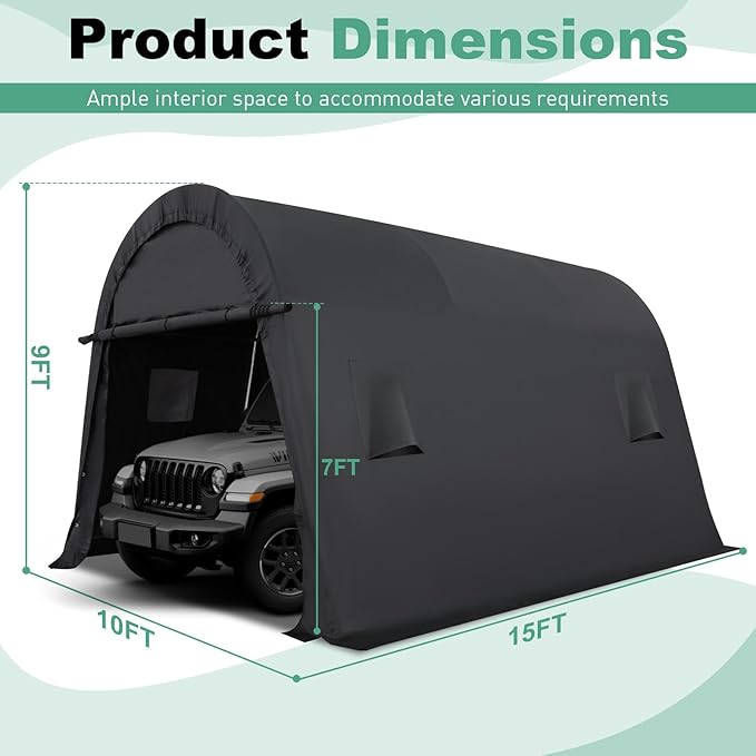 COBIZI Carport 10x15 FT Heavy Duty, Portable Garage, Carport Canopy with All-Steel Metal Frame & Vents, Round Style Outdoor Storage Shed for Car, Truck, Boat, Patio Furniture Anti-Snow Waterproof