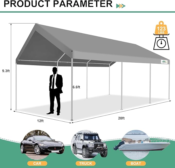 COBIZI Carport 12x20ft Heavy Duty Portable Garage, 2.0 Powder Coated Frame(Better Than Galvanized), Waterproof Shelter with Built-in Sandbags, for Car/Boat/SUV, Gray