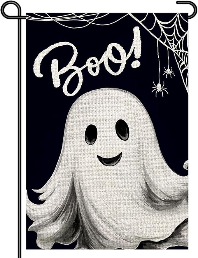 Halloween Ghost Garden Flags for Outside 12x18 Double Sided Burlap, Spooky Boo Sign Welcome Small Flag Farmhouse Holiday Yard Lawn Outdoor Decorations DF886