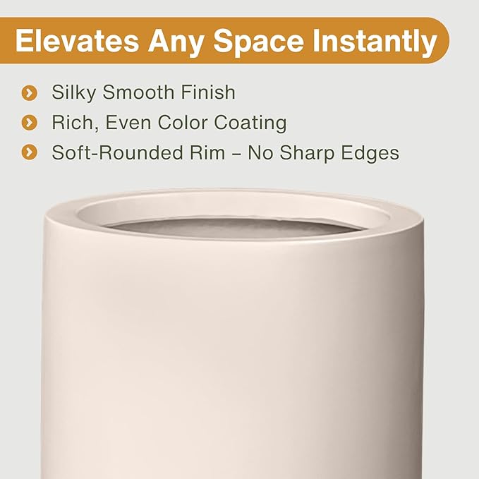19.5" H x 9.8" D Tubo Fiberstone Cylinder Tall Planter with Drainage Hole, Smooth Finishes, for Indoor and Outdoor Use, Included 2 Extra Coco Mats (Kilim Beige, 8.2" Pot Opening)