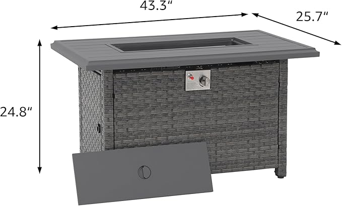 SUNSITT Outdoor Fire Pit Table 43 Inch Wicker Propane Fire Pit with Aluminum Tabletop 50,000 BTU Gas Firepit with Fire Glass, Lid, Cover, Taupe Rattan