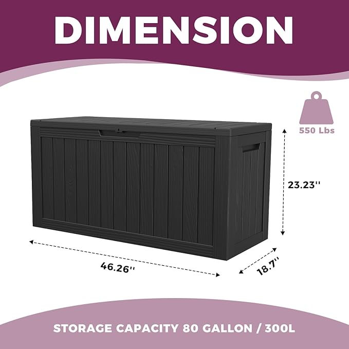 ROJIK Outdoor Storage Housing Deck Box - Waterproof Patio Furniture, Garden Tools, Cushions, Pool Accessories Storage Bench with Lockable Lid and Side Handles (Black 80 Gal)