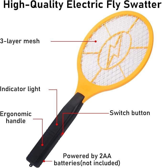 Electric Fly Swatter Handheld Bug Zapper with 2-Pack Plastic Fly Swatter- Indoor Outdoor Zapping Racket for Pest - Battery Powered Safe to Touch with 3-Layer Safety Mesh
