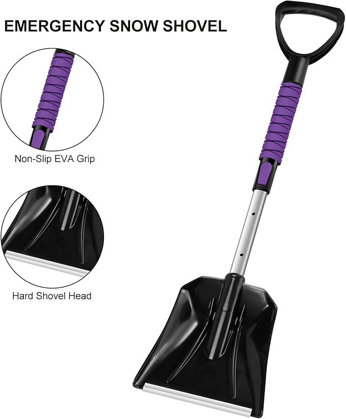 Odoland Ice Scraper with Snow Brush and Snow Shovel, 35" Extendable Snow Remover with Foam Grip, 360° Pivoting Brush Head for Car Windshield, Emergency Snow Scraper for SUV Truck Vehicle, Purple
