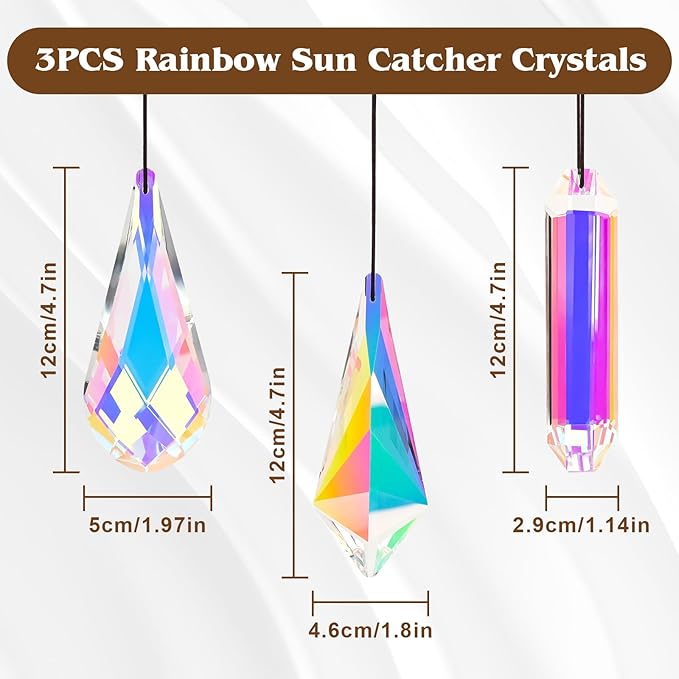 3PCS 5" Large Crystal Sun Catcher Prisms, AB Colored Hanging Suncatchers with Glass Prism, Rainbow Maker Light Catchers for Windows Garden Home Decoration