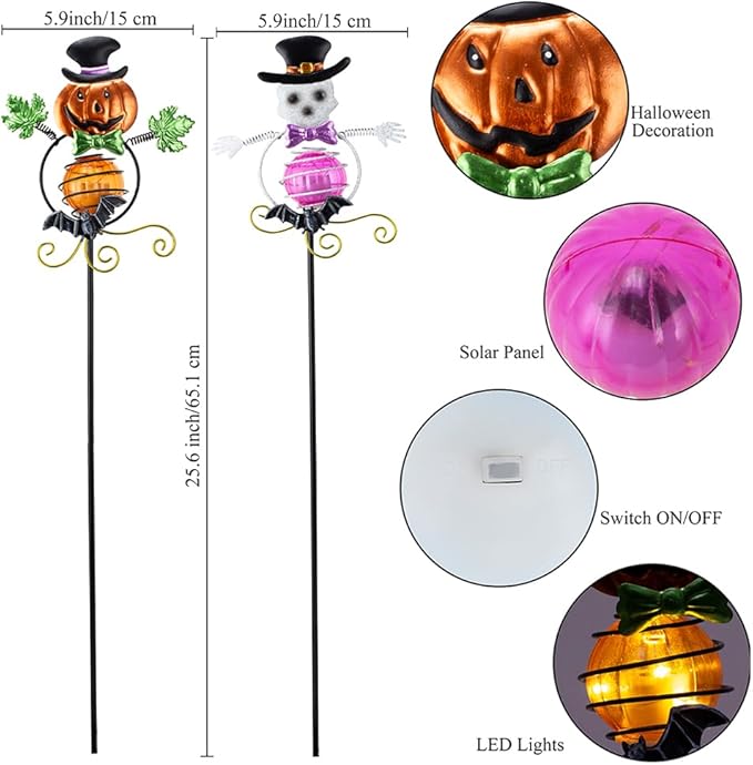 Solar Halloween Decorations Outdoor,2 Pack Pumpkin＆Skull Halloween Metal Yard Stakes,Solar Yard Signs Decorative Garden Stakes for Outside Lawn Patio Pathway