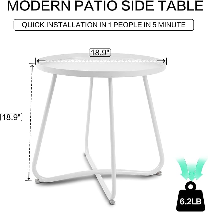 Babion White Outdoor Side Table, Small Round Patio Accent Table for Yard Garden, Indoor & Outdoor