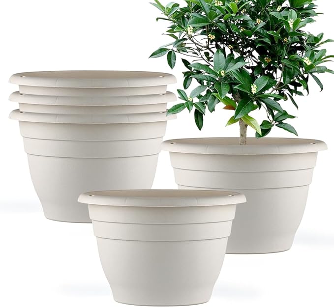 Plant Pots Set of 5, 10" Outside Diameter Flower Pots, 8.5" Inner Diameter Plant Planters with Drainage Hole, Durable Garden Pots Perfect for Indoor & Outdoor Plant Planting, Decor, White