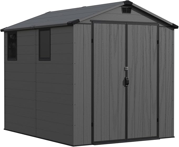 Patiowell 6 x 8 FT Plastic Outdoor Storage Shed with Floor - Weatherproof Resin Tool Shed, Lockable Door & 2 Windows, Easy Assembly for Garden, Backyard, Lawn Equipment (Dark Grey)