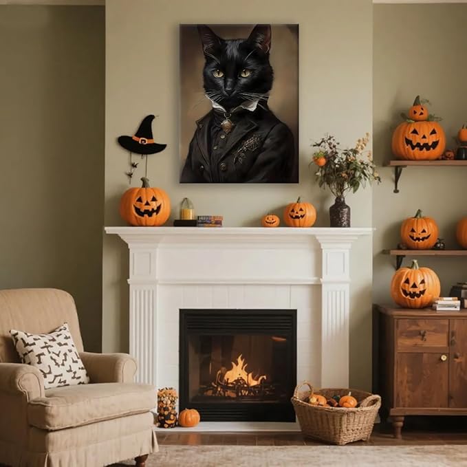 Jatinoo Black Cat Wall Art Framed Canvas - Gothic Home Decor, 16x24 Inch Vintage Print for Dark Academia, Moody Witchy Halloween Decor, Aesthetic Room Poster & Cat Lover Gift
