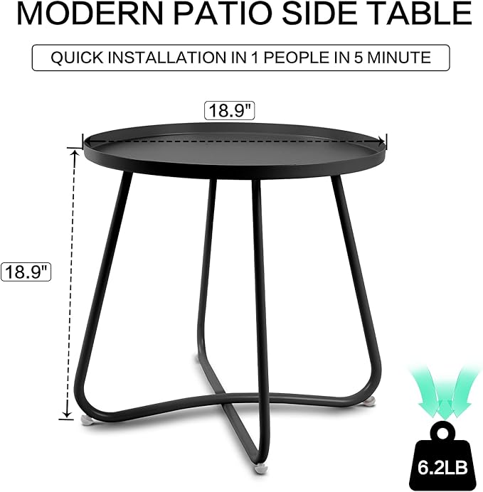 Babion Black Outdoor Side Tables, Small Outdoor Table, Round Patio Side Table Steel, Small Accent End Table for Patio Yard Garden, Indoor & Outdoor