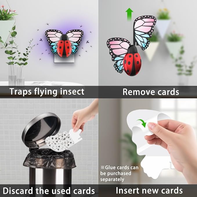 Fly Trap Indoor, Plug in Flying Insect Trap, Effective Fruit Fly Traps for Indoors, House Indoors Fly Trap for Fruit Flies, Gnats, Moths and Other Flying Houseflies(1 Device + 3 Pair of Glue Cards)