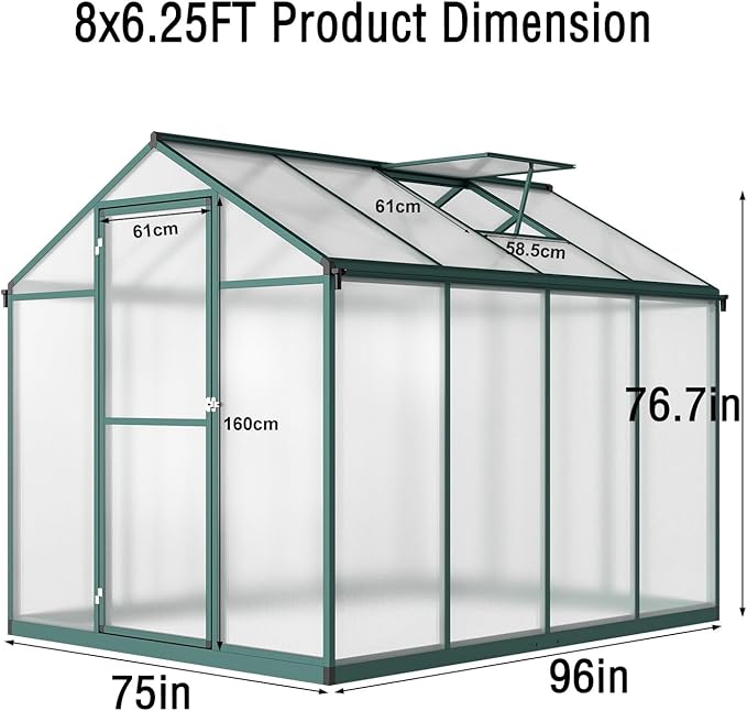 8x6.25FT Greenhouse,Easy Assembly Aluminum Polycarbonate Walk-in Greenhouse with Roof Vent,Large Outdoor Garden Green House,Patio,Backyard,Green