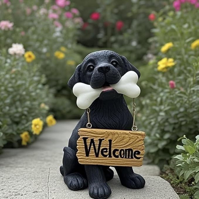 Nature's Mark Black Labrador Retriever Dog Puppy Statue with Welcome Sign Resin Garden Statue Decor 6.7" H