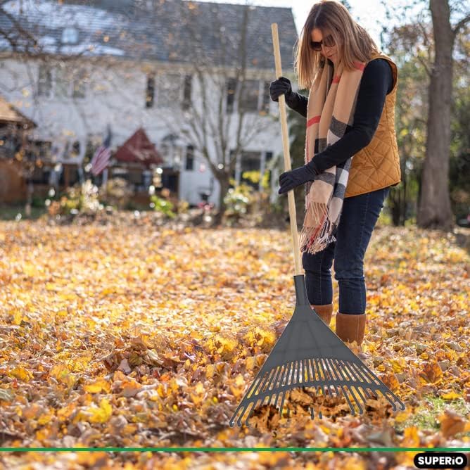 Superio Adult Rake with Hardwood Handle, Durable Plastic Head to Sweep Leaves in Lawn and Tidying Up The Garden, 61"