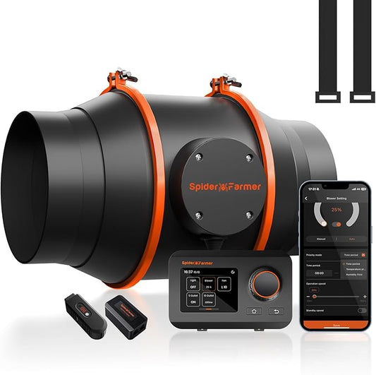 Spider Farmer 6 Inch Smart Inline Duct Fan with GGS Temperature Humidity Controller, WiFi Integrated App Control, 402 CFM Ventilation Exhaust Fan for Heating Cooling Booster, Grow Tents, Hydroponics