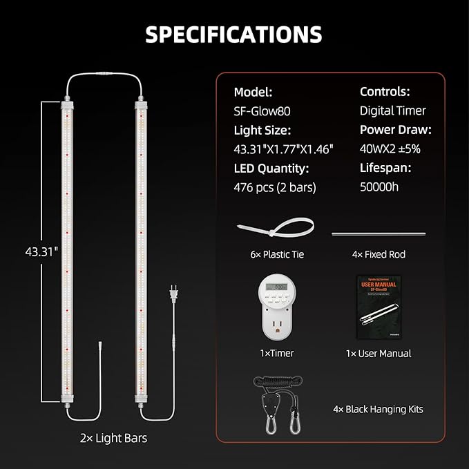 Spider Farmer Glow80 LED Grow Lights, 3.6ft Sunlike Full Spectrum Waterproof Plant Growing Lamp Linkable for Indoor Plant Shelves Seedling Veg Flower Hydroponic Greenhouse