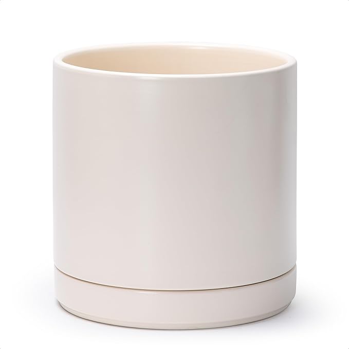 D'vine Dev 10 Inch Ceramic Planter Pot with Drainage Hole and Saucer, Indoor Cylinder Round Planter Pot, Oatmeal, 94-O-E-8