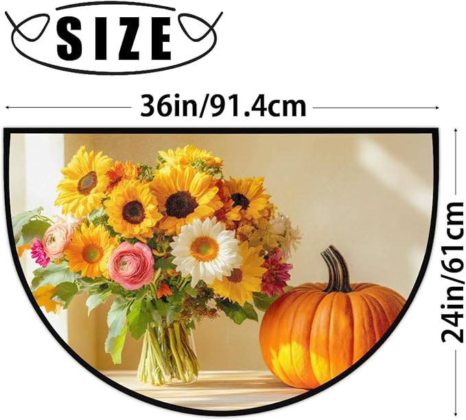 cfpolar Fall Non-Slip Soft Half Round Door Mat, Pumpkin Sunflower Semicircle Mat for Indoor Entrance Garage Bath Living Room Patio 24 x 36 in