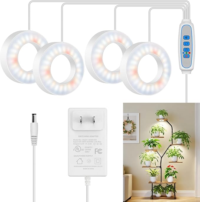 Small Grow Lights for Indoor Plants, 192 LEDs Full Spectrum Plant Grow Light with DC Adapter, 6/12/16H Timer, 3 Color Modes, 5 Brightness Levels, 3.5" Growing Lamp for Small Plants (4-Head)