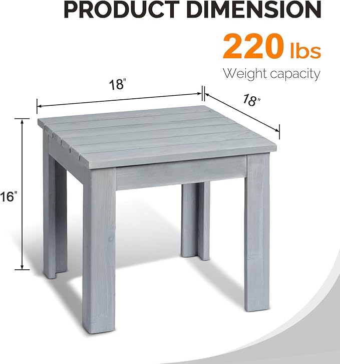 VINGLI Outdoor Adirondack Side Table, 18" Square Thick Wooden Coffee Table, Patio Side Table Conversation End Table for Patio Backyard, Garden, Poolside and Balcony (Grey)