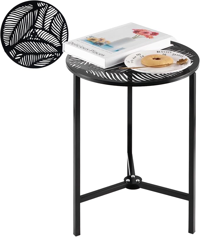 1 Packs 13" Metal Outdoor Side Tables Small Black Outside End Table for Patio Round Accent Corner Stand for Small Spaces Weather-Resistant Coffee Table for Balcony Porch Plant Stand, Tropical Leaves