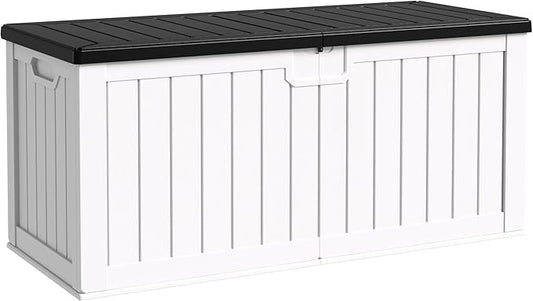 Flamaker Resin Deck Box 250 Gallon, Waterproof Imitation-Wood Lockable Storage Box with Separator Plate Outdoor Indoor, Garden, Patio Furniture for Tools&Pool Accessories (White with Black Cover)