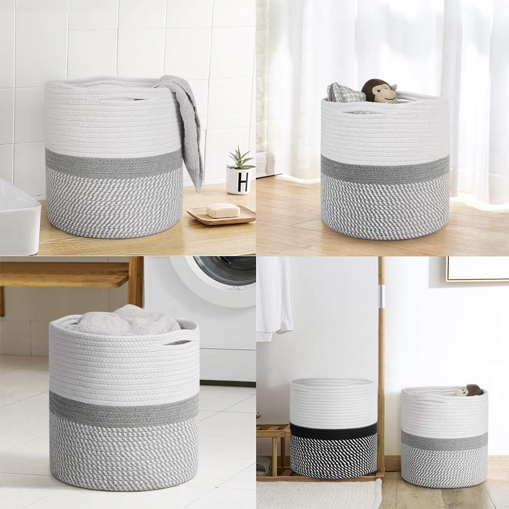 TIMEYARD Woven Cotton Rope Plant Basket for 10" Flower Pot Floor Indoor Planters, 11” x 11” Storage Basket Organizer Modern Home Decor, Grey and White Stripes