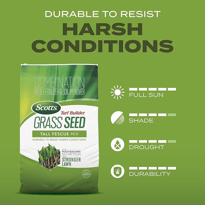Scotts Turf Builder Grass Seed Tall Fescue Mix with Fertilizer and Soil Improver, Resists Harsh Conditions, 16 lbs.
