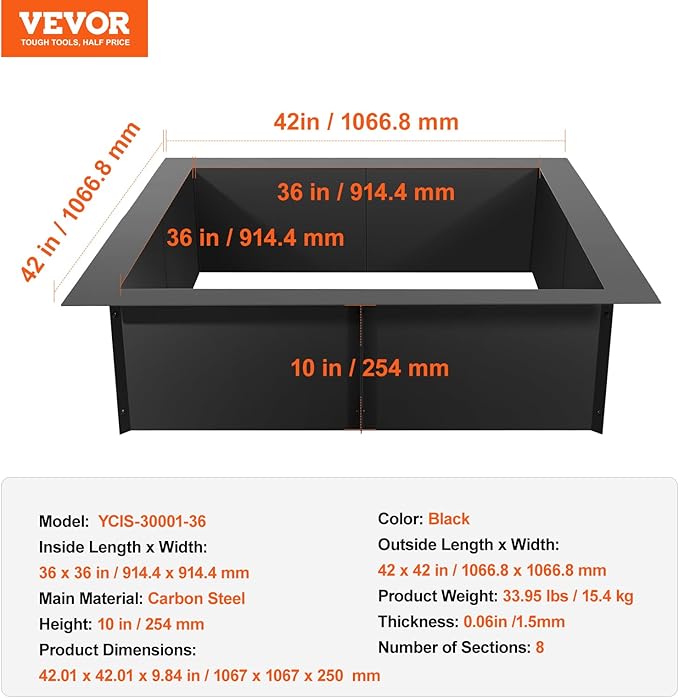 VEVOR Fire Pit Ring, 42x42 in Outer/36x36 in Inner Diameter, 10inch Height Square Fire Pit Insert, Heavy Duty Carbon Steel Liner DIY Campfire Ring Above or In-Ground, for Outdoor Camping, Bonfires