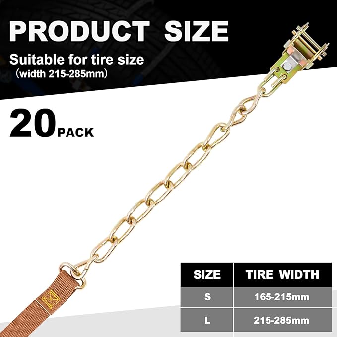 20 Pack Adjustable Snow Tire Chains for Tire Width 215-285 mm SUV Truck Pickup, Quick Fit Easy Installation, Thickened Car Non Skid Car Chains (Single Chain Style)