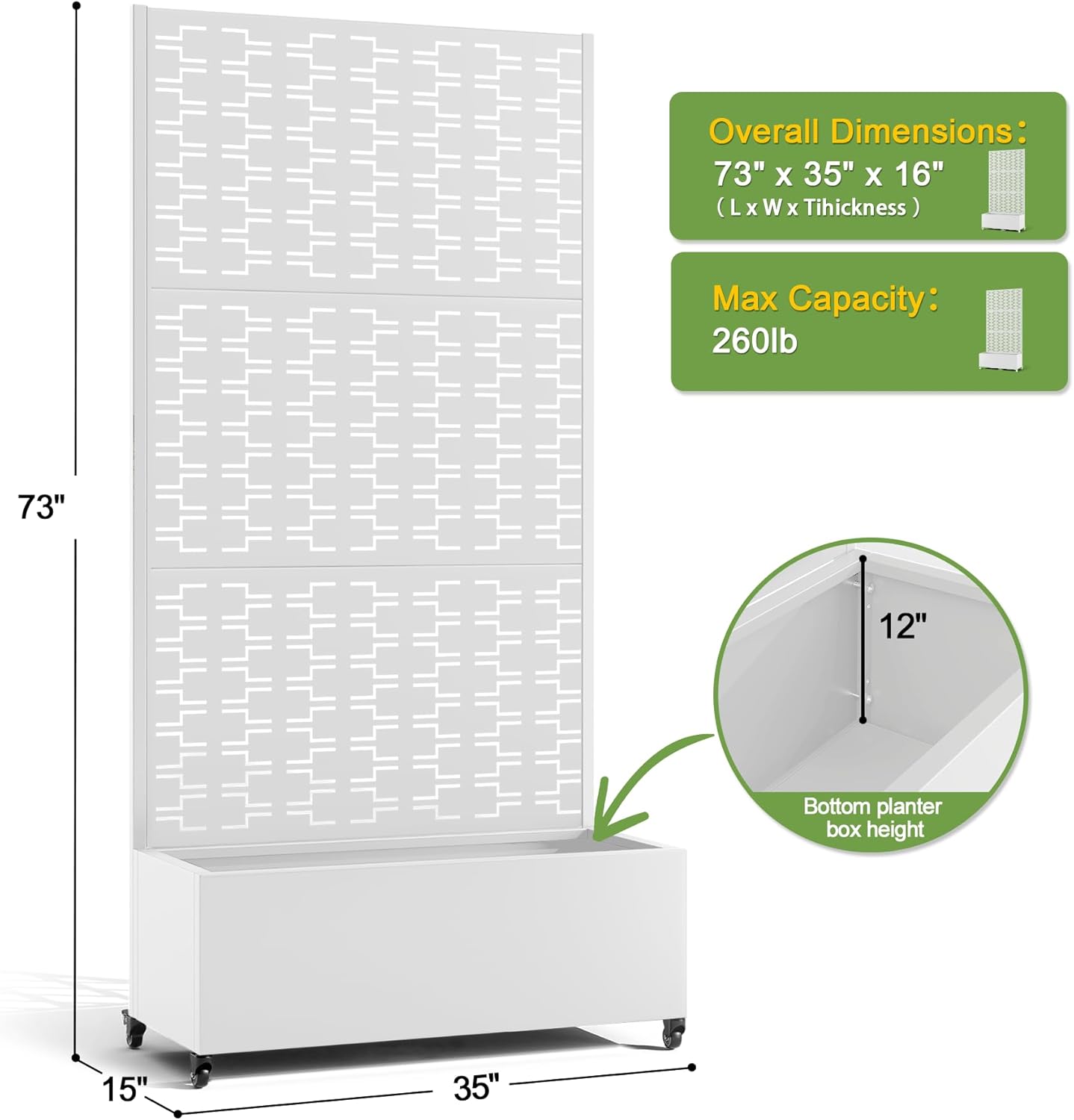 FENCY Metal Raised Garden Bed with Wheels and Trellis,73"x35"x16" Planter Box for Climbing Plants, Vegetables & Vines, Features Privacy Screen and Drainage Holes (White-Brick)