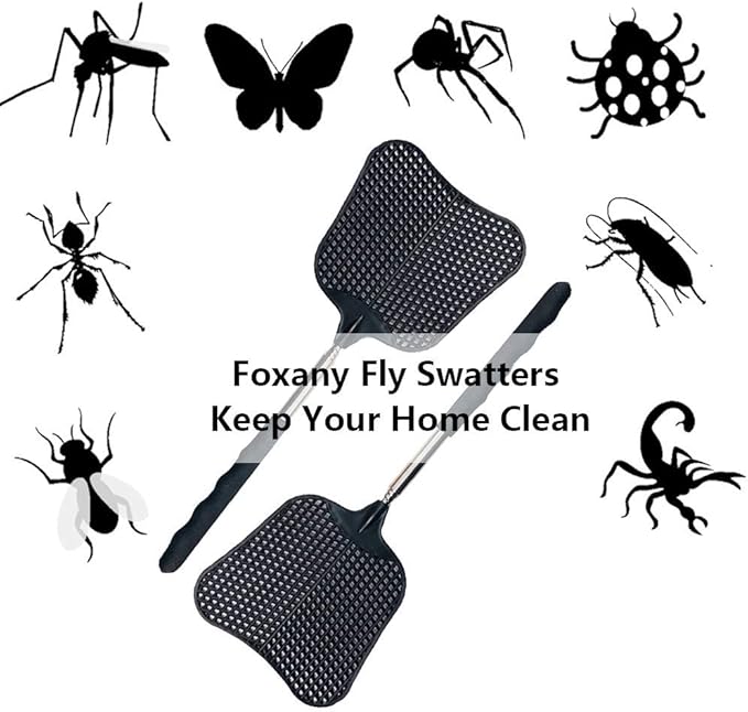Foxany Telescopic Fly Swatters, Durable Plastic Fly Swatter Heavy Duty Set, Flyswatter with Stainless Steel Handle for Indoor/Outdoor/Classroom (2 Pack)